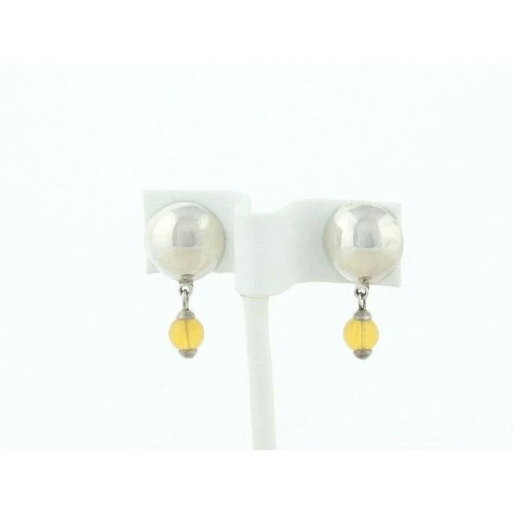 Sterling Silver Button Earrings with Yellow Glass Bead Dangle Drop Earrings - Picture 5 of 7